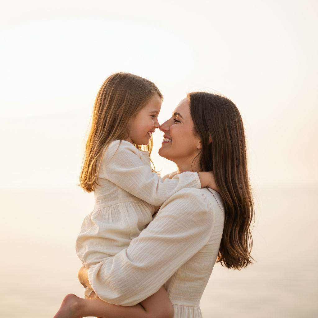 Hip Carry Portrait - Mom holds daughter on her hip. Both face camera with natural smiles. Child's arm around mom's neck. Free and easy pose that shows the natural bond. Works everywhere.
