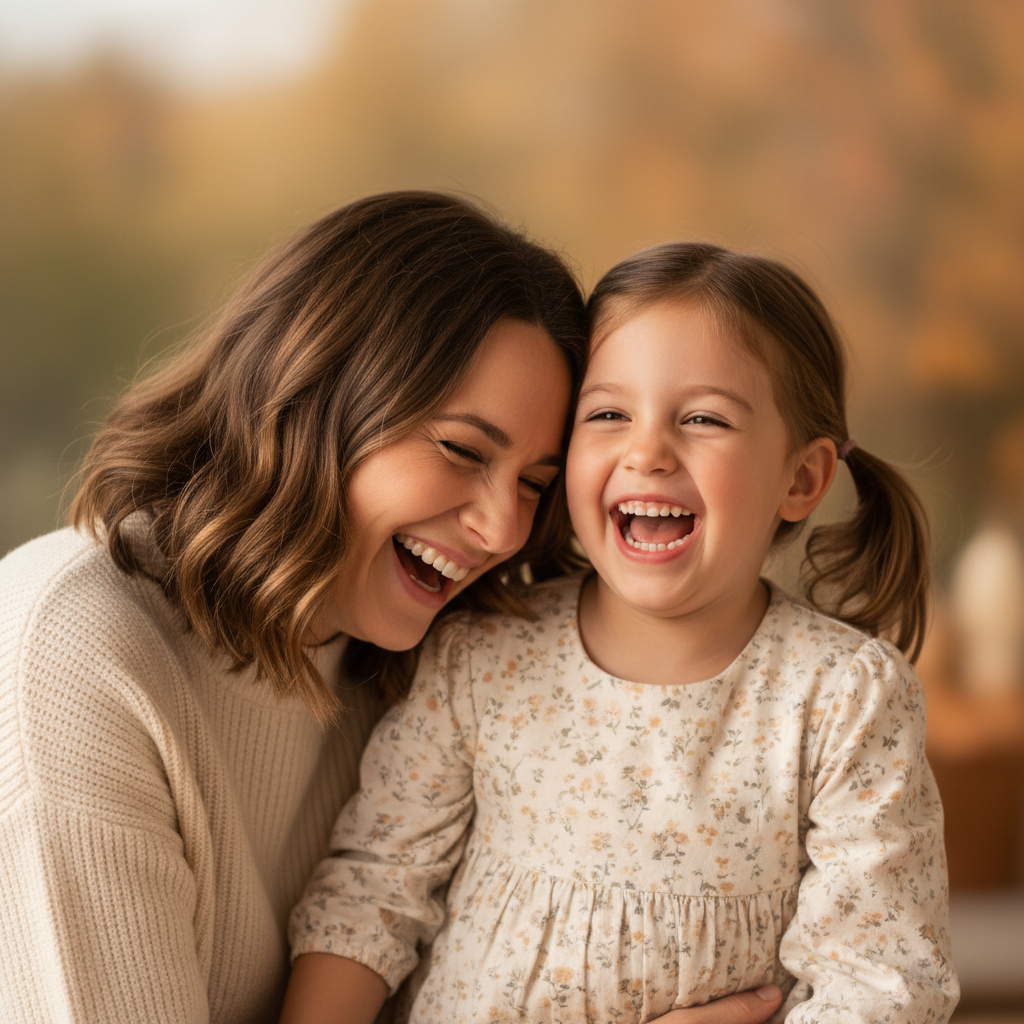 Foreheads Together - Mom and daughter press foreheads together gently. Both close eyes and smile. Mom cups child's face with one hand. Intimate and tender. Needs no background or props.
