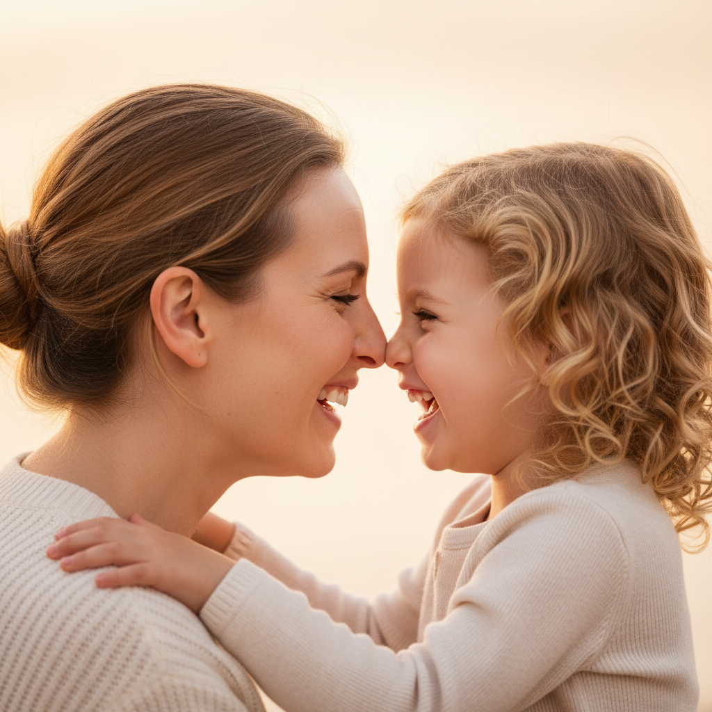 Eskimo Kiss (Nose Rub) - Mom and daughter rub noses together playfully. Both giggling with scrunched happy faces. Hands naturally at sides or holding each other. Pure playful connection.