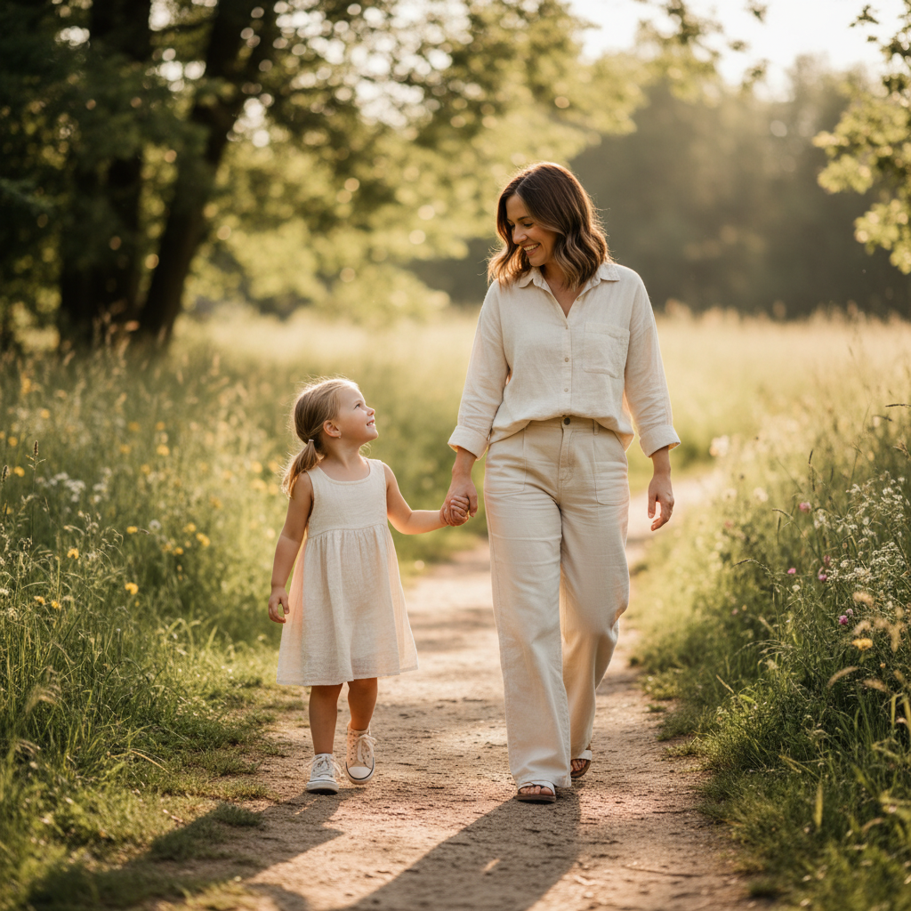 Walking Together - Mom and daughter walk toward camera holding hands. Both smiling naturally. Daughter looks up at mom. Relaxed stride. The simplest lifestyle mom-child shot.