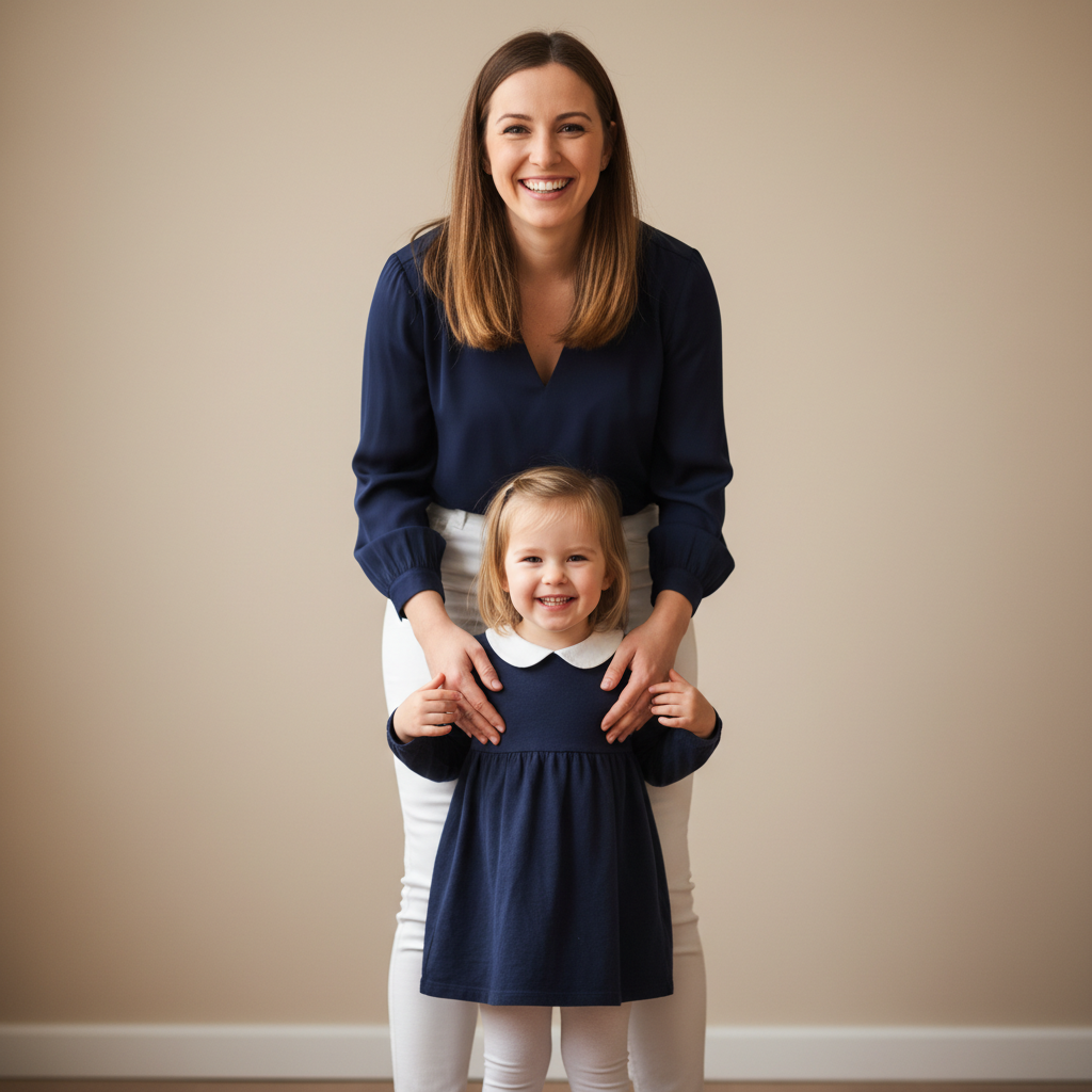 Standing Between Mom's Legs - Mom stands with daughter standing in front between her legs. Mom's hands on child's shoulders. Both face camera smiling. Child feels protected and centered.