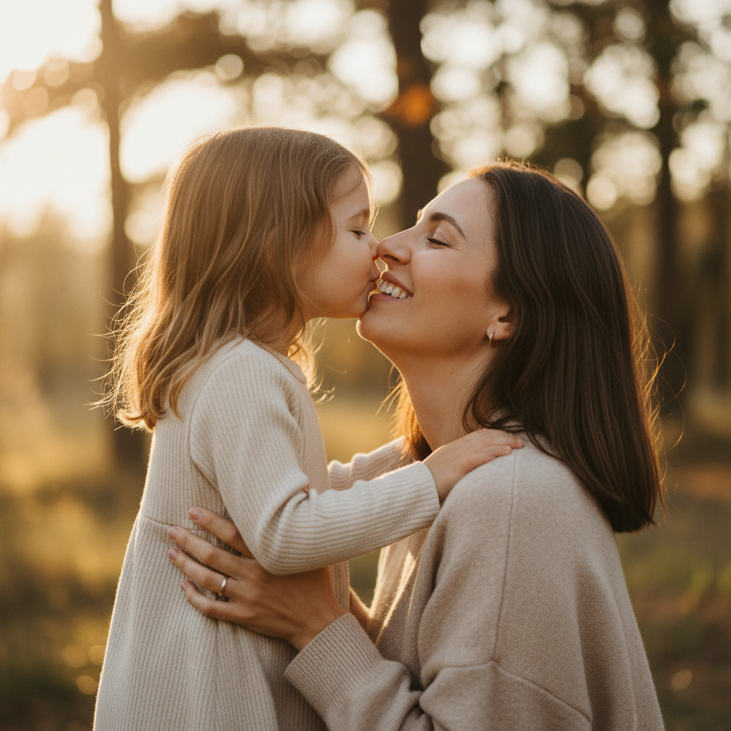 Kiss on Mama's Cheek - Daughter gives mom a kiss on the cheek. Mom's eyes close with a big happy smile receiving the kiss. Child stands on tiptoes or a small step. Genuine and heartwarming.
