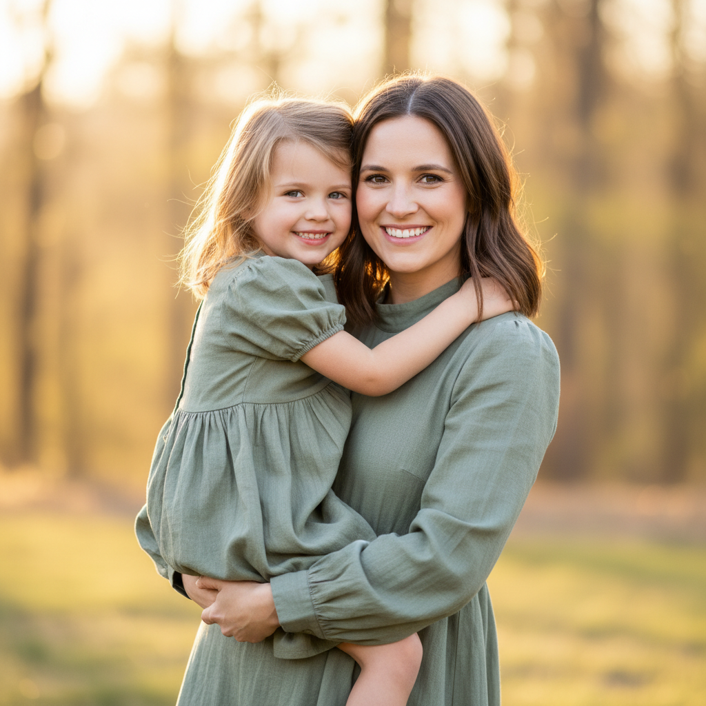 Lifted Up Face to Face - Mom lifts daughter up to her face level. They look at each other eye to eye, noses close. Both smile. Child's legs dangle. Equalizes their heights for an intimate connection.