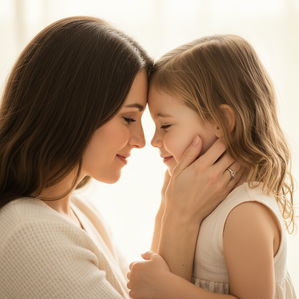 Leaning In Laughing - Mom and daughter lean toward each other laughing. Genuine unposed laughter from a joke or tickle. Heads thrown back, eyes crinkled. The most natural and joyful portrait.