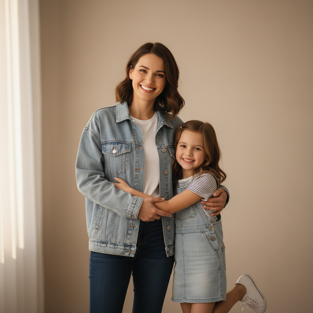 Arms Around Each Other - Mom and daughter stand side by side with arms around each other. Mom's arm on child's shoulder, child's arm around mom's waist. Both face camera smiling. Classic best friends pose.
