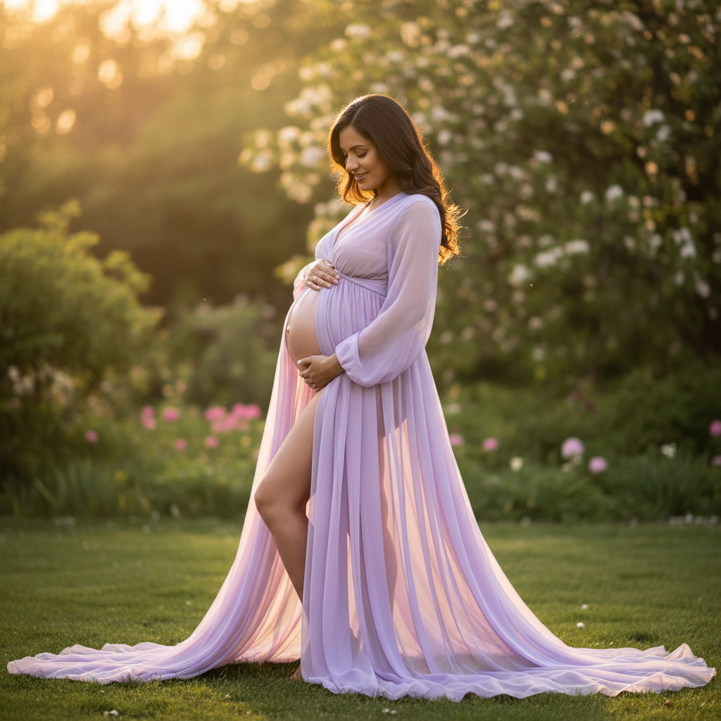 Gentle Belly Cradle - Stand at a 45-degree angle to the camera. Place one hand under your belly and the other on top, gently cradling. Tilt your chin slightly down and gaze softly at your bump. Relax your shoulders and let a soft smile appear naturally.