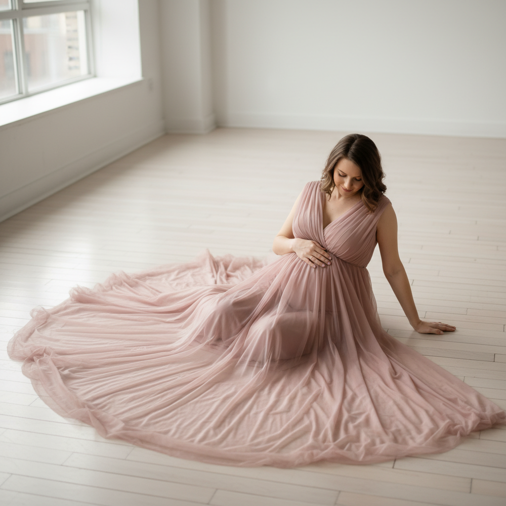 The Profile Silhouette - Stand in complete profile facing left or right. Place both hands underneath your belly for support. Arch your back very slightly to accentuate the bump. Lift your chin gently and close your eyes. Let the backlight from the window or sun wrap around your outline.