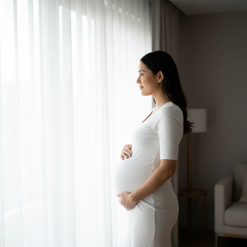 Window Light Contemplation - Stand sideways near a large window. Place one hand on your belly and let the other arm hang relaxed. Look out the window with a thoughtful, peaceful expression. Let the soft window light illuminate one side of your face and belly, creating gentle shadows on the other side.