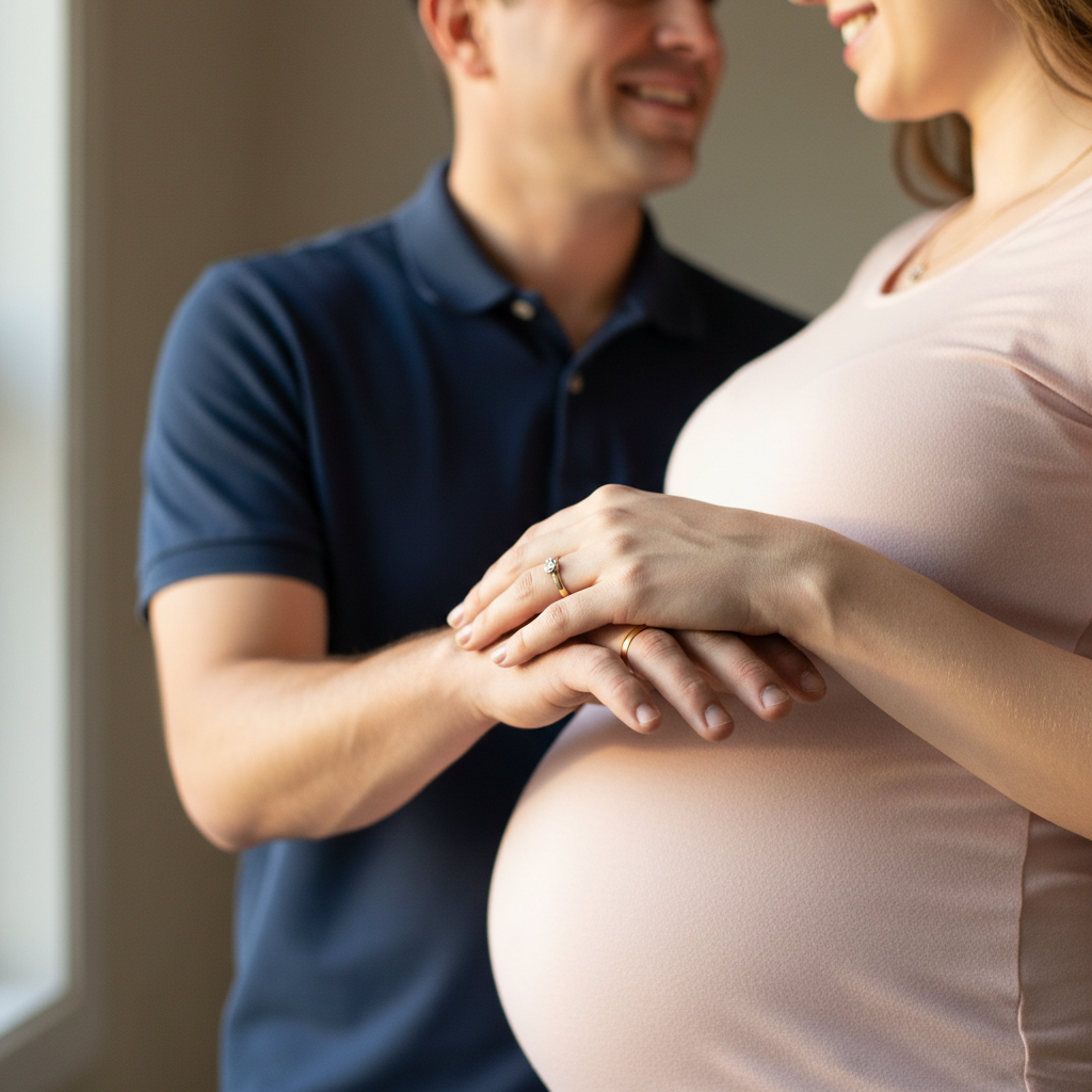 Four Hands on the Belly - Face the camera with your partner standing beside you. Both of you place your hands on the belly together, interlacing or layering them naturally. Look at each other and smile. Keep your bodies angled slightly toward each other. This is about the shared connection to the baby.
