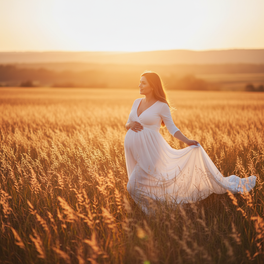 Walking at Golden Hour - Walk slowly along a path or through tall grass with one hand cradling your belly and the other hand gently touching the grass or flowers. Look ahead naturally with a peaceful smile. Let your dress flow behind you as you walk. The movement should be slow and graceful, mid-stride.