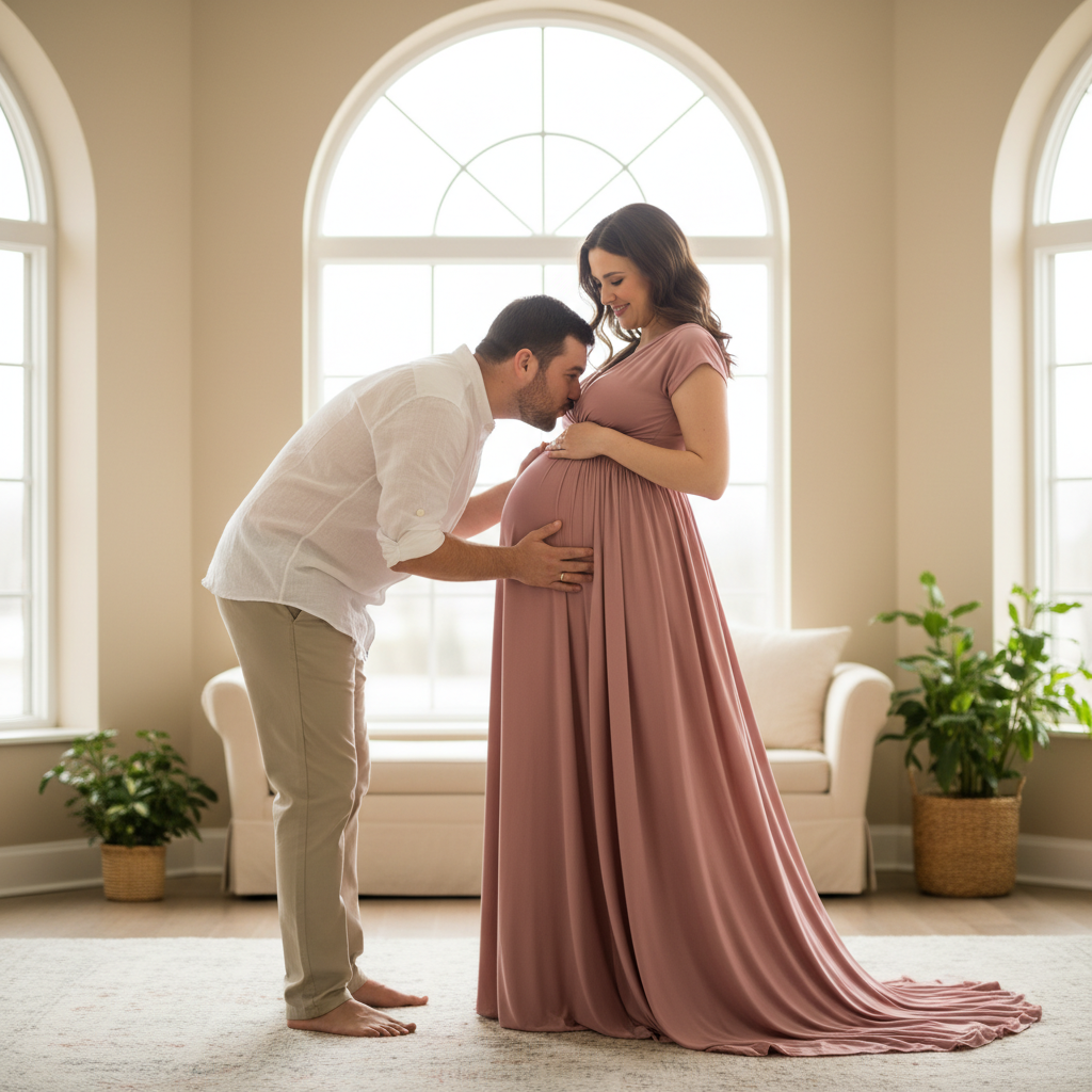 Partner Whispering to Belly - Partner kneels or bends down to belly level and cups both hands on the sides of the bump, speaking or whispering to the baby. You look down at your partner with an adoring, amused smile. Rest one hand gently on your partner's shoulder. Let the moment feel playful and genuine.