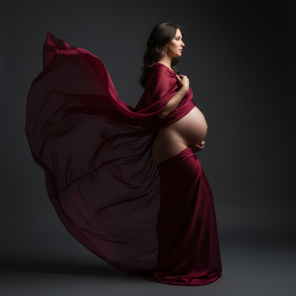 Artistic Fabric Wrap - Wrap a long piece of sheer or silk fabric around your body, draping it over your shoulders and wrapping loosely under and around the belly. Leave the belly partially exposed. Stand in profile with one hand holding the fabric and the other resting on your belly. Look straight ahead with a strong, empowered expression.