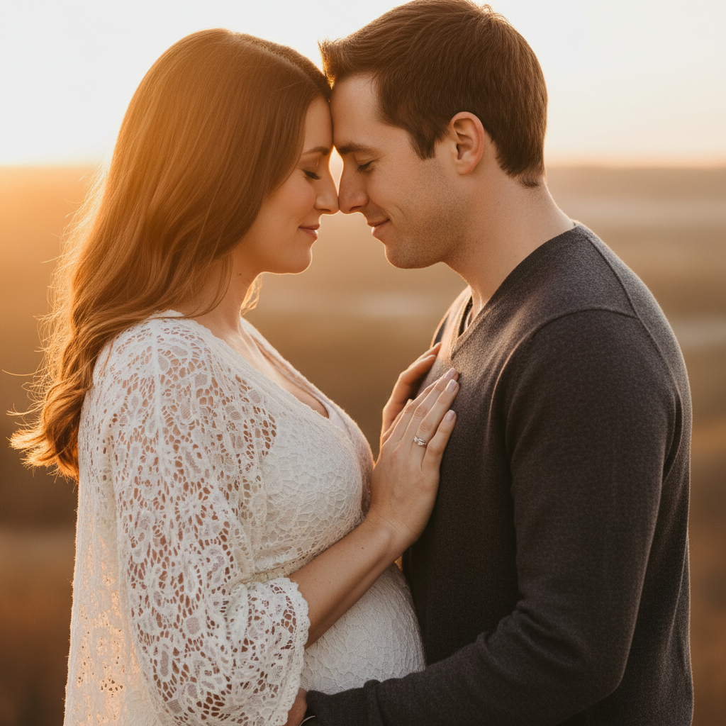Couple Walking Together - Walk side by side with your partner. Partner's arm wraps around your waist from behind while their other hand holds yours. Both look at each other laughing. Walk naturally and slowly. Let the moment feel like a genuine happy stroll. Belly should be visible between you both.