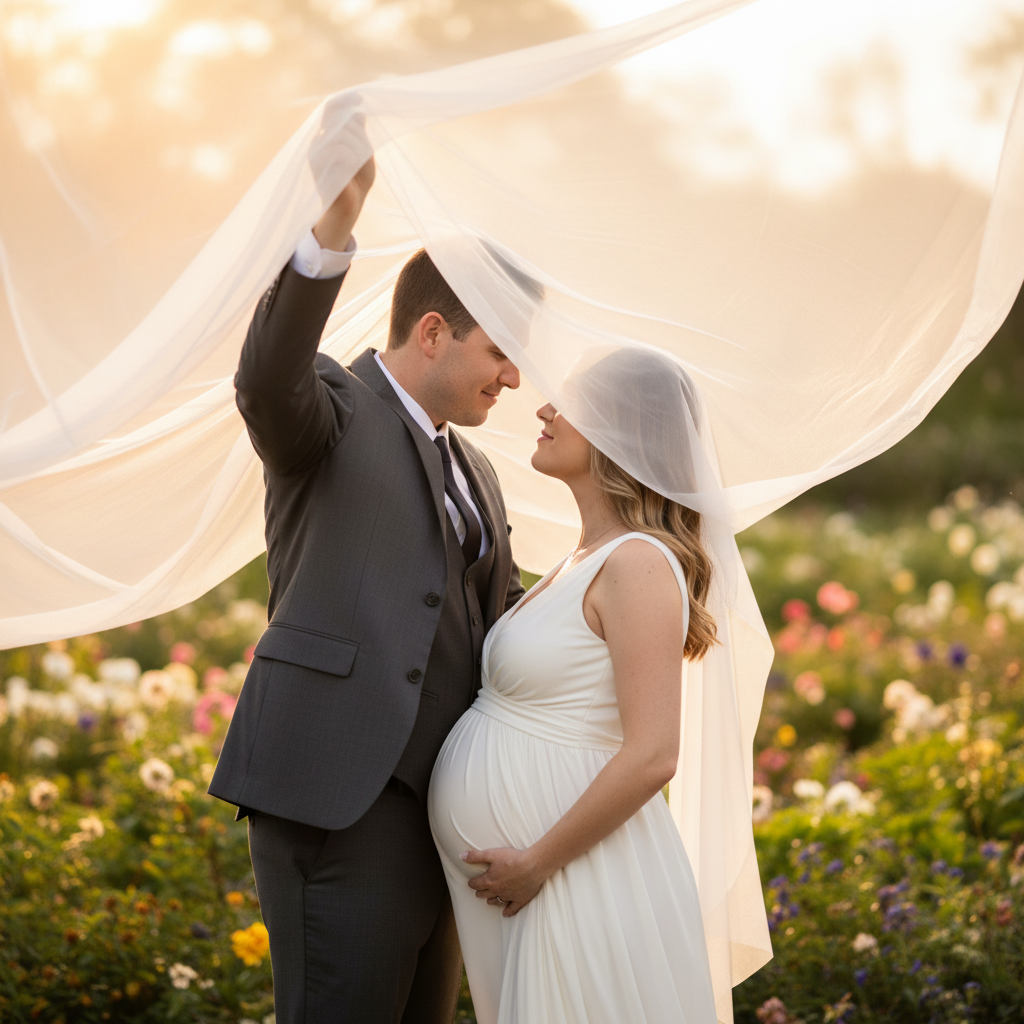 Partner Lifting the Veil - Wear a long sheer veil or lightweight scarf. Partner stands behind you and gently lifts the veil above both of you, creating a canopy. You hold your belly with both hands and lean back slightly into your partner. Both look at each other under the veil. The fabric catches the light beautifully overhead.