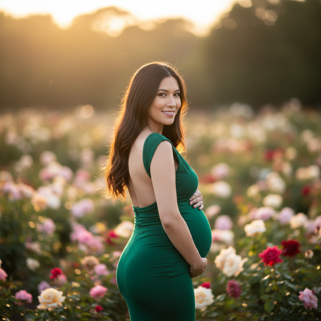 Standing in the Nursery Doorway - Stand in the doorway of the baby's nursery holding the door frame with one hand and placing the other on your belly. Look into the nursery with a warm anticipating smile. Stand in profile so the belly is visible. The nursery should be softly lit and visible in the background behind you.