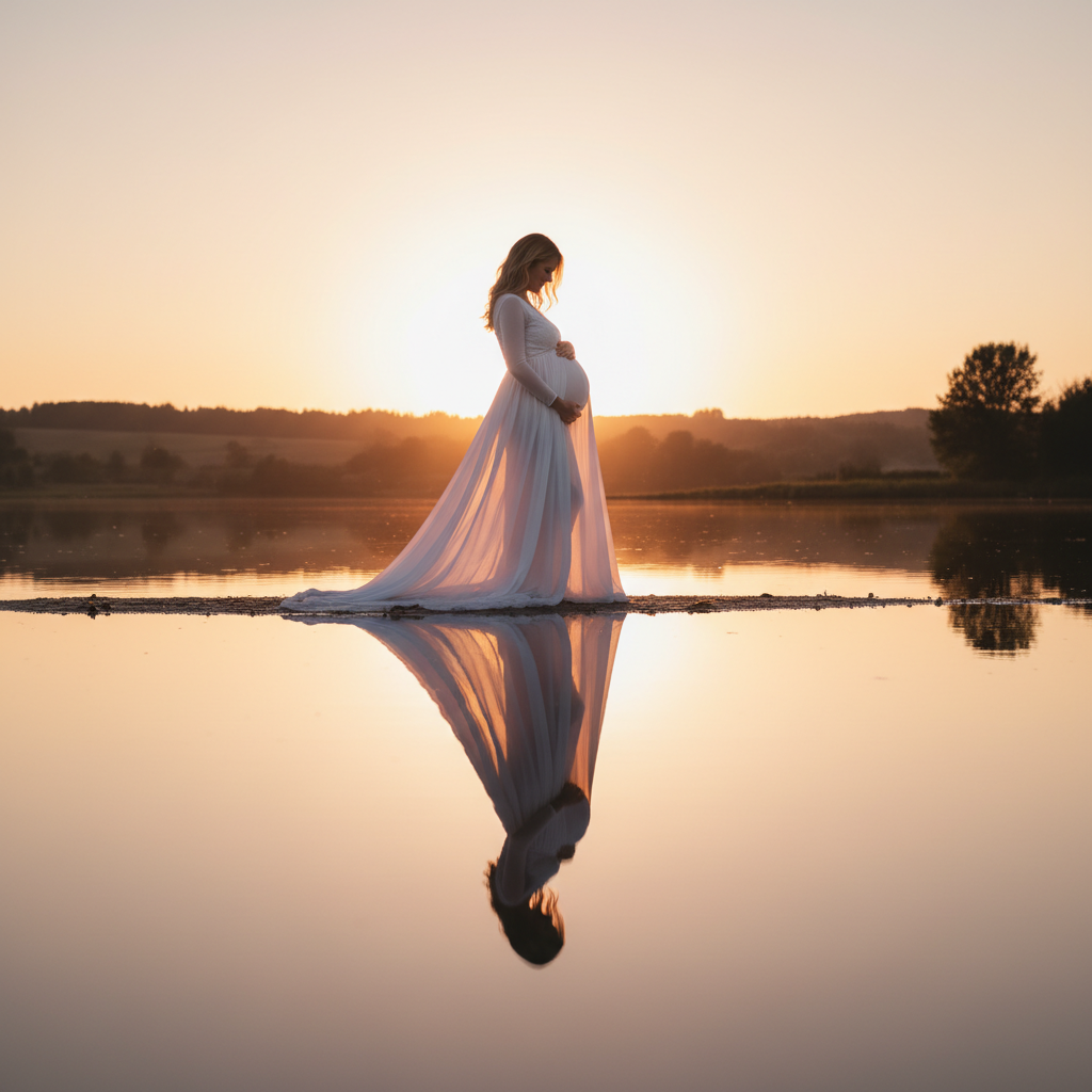 Backlit Goddess - Stand facing away from the setting sun with your body turned slightly to the side. Raise both arms gracefully above your head, letting a long flowing sheer fabric or dress trail from your hands. The sun behind you should create a complete golden halo around your body and belly. Look upward with eyes closed and a peaceful expression.