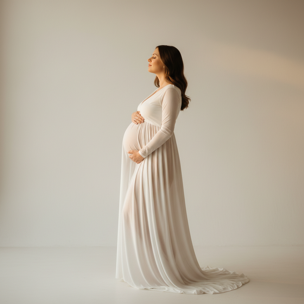 Side Profile Belly Hold - Stand in complete side profile. Place both hands gently under the belly, supporting from below. Chin slightly lifted, eyes looking forward or closed. The simplest and most classic maternity pose.