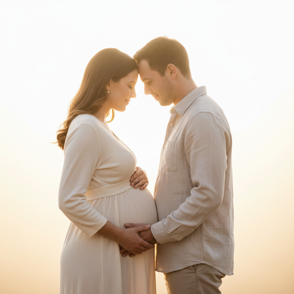 Top and Bottom Hold - Face camera at 45-degree angle. One hand on top of belly, one hand underneath. Look down at belly with soft loving smile. The most universal maternity pose — works anywhere.