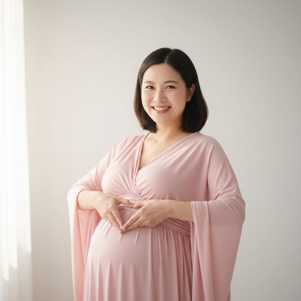Heart Hands on Bump - Face camera. Both hands form a heart shape over the center of the belly. Warm smile at camera. Simple prop-free pose that creates a beautiful symbol.