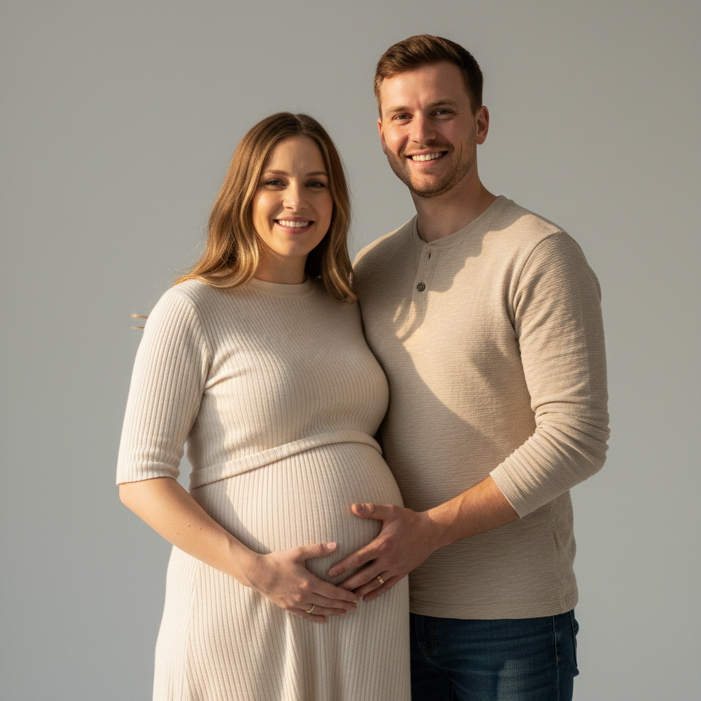 Partner Hands from Behind - Partner stands behind. Both wrap hands around the belly from behind, resting on the bump. She places her hands over his. Both look down at belly. Works in any location.
