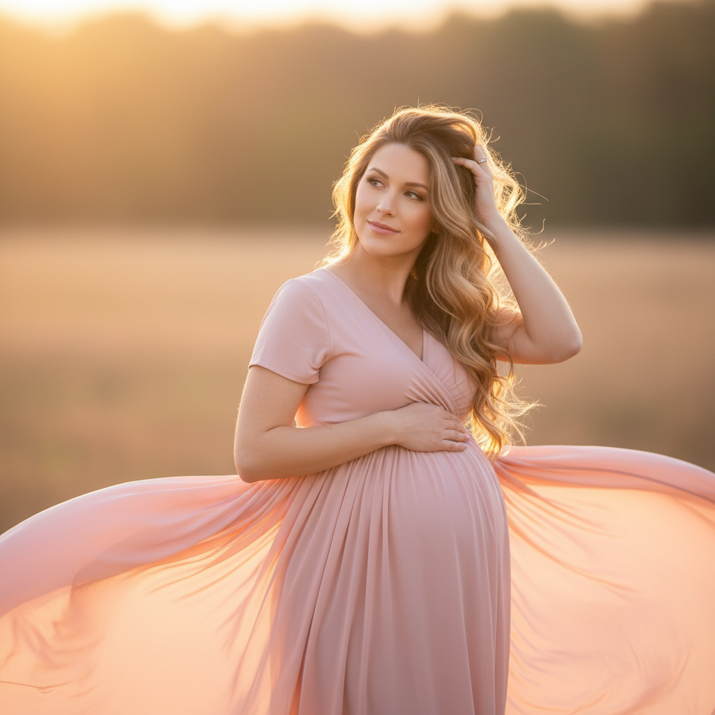 Confident Mama - Stand facing camera with feet shoulder-width apart. One hand on belly, other hand on hip. Chin up, confident smile. Power pose celebrating the strength of pregnancy.