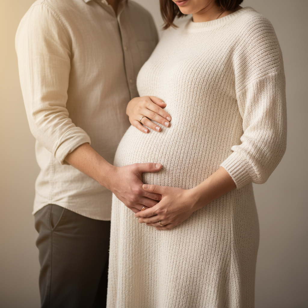Holding Baby Shoes - Stand naturally holding tiny baby shoes against the belly with both hands. Look down at the shoes with a tender anticipating smile. Simple prop, huge emotional impact.