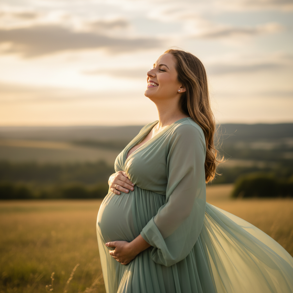 Partner Forehead Kiss - Partner stands beside and kisses her forehead or temple. She closes eyes smiling with hands on belly. He has one arm around her. Tender and protective. Any location.