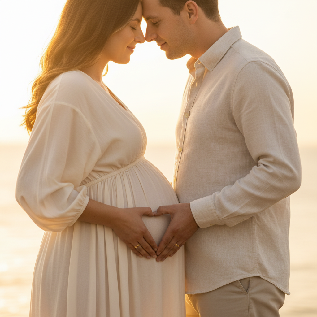 Couple Facing Camera - Stand side by side facing camera. His arm around her waist, her hands on belly. Both look at camera with warm excited smiles. The most classic couple maternity portrait.
