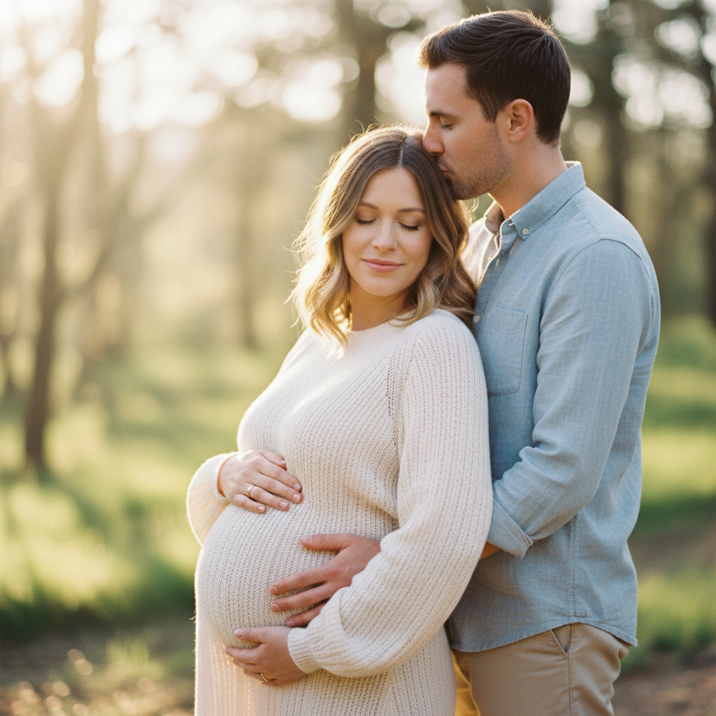 Three-Quarter Turn - Stand with body turned three-quarters away from camera. Look back over shoulder at camera with a soft smile. One hand cradling belly visible from the side. Elegant and slimming angle.