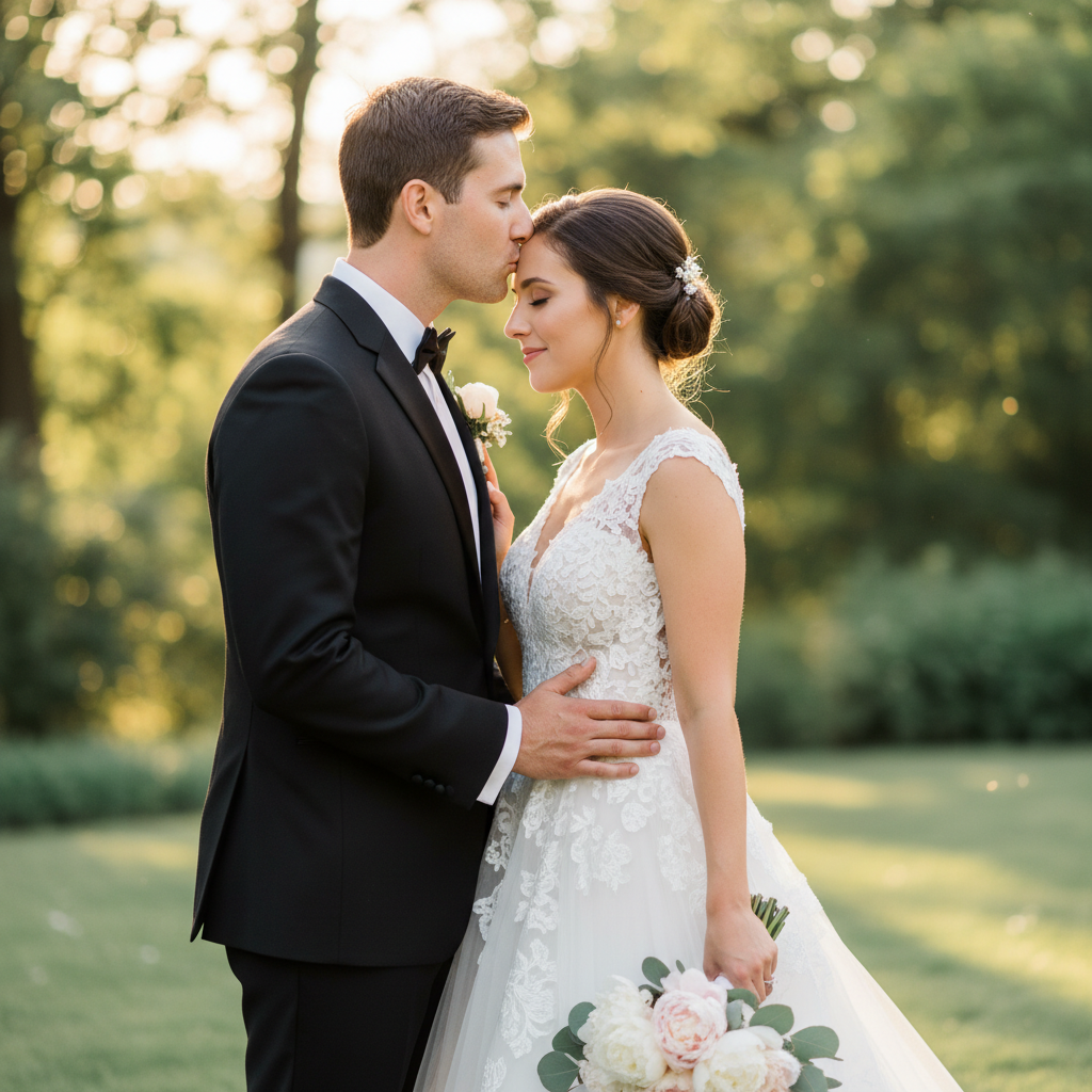 The Forehead Kiss - Groom gently kisses the bride's forehead while she closes her eyes and rests one hand on his chest. Both standing, bride angled 45 degrees toward camera. Bouquet held loosely at her side.
