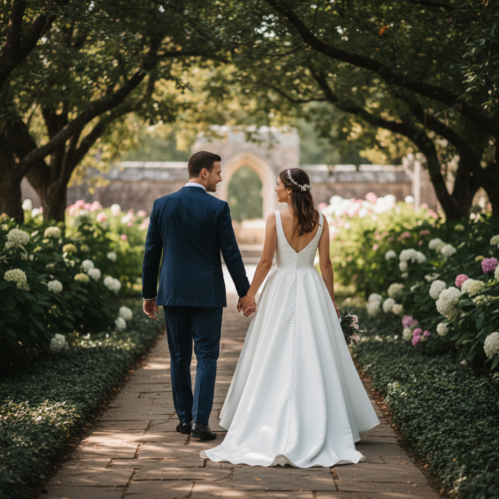 Walking Away Together - Couple walks away from camera down a path, holding hands with arms relaxed. Bride's dress trails behind her. Groom looks toward bride. Natural mid-stride movement.