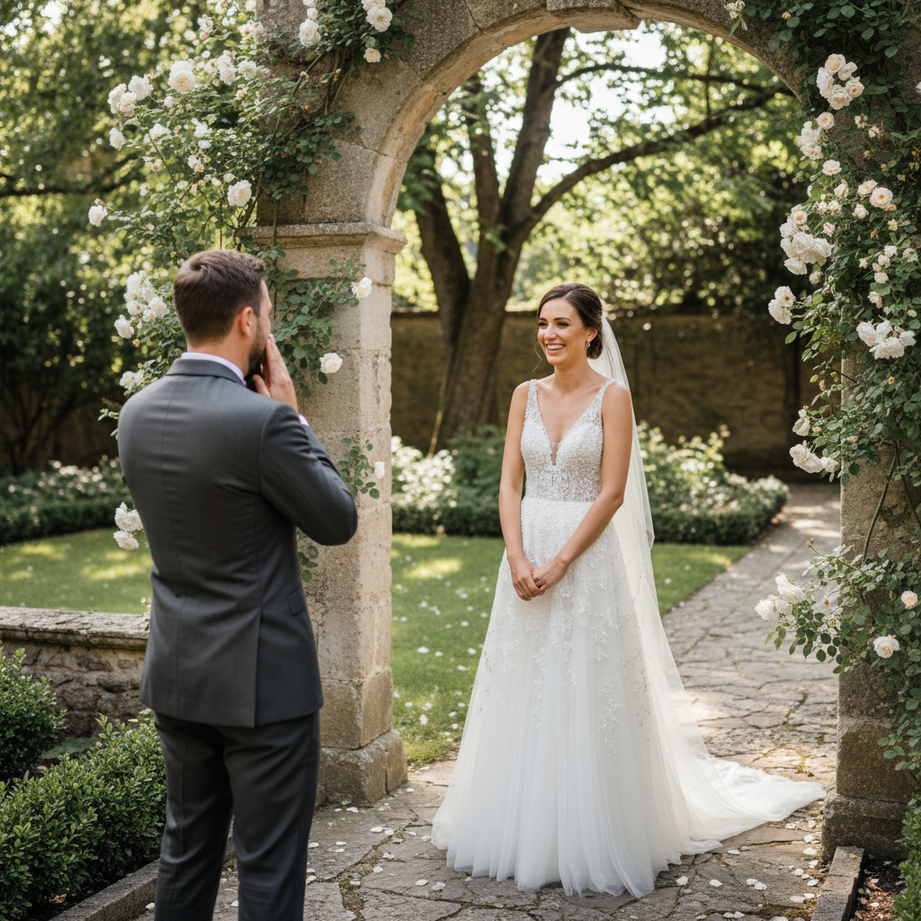 The First Look - Groom stands with back to camera. Bride approaches from behind and taps his shoulder. Capture the exact moment he turns around with eyes wide and mouth slightly open in awe. Bride beaming.
