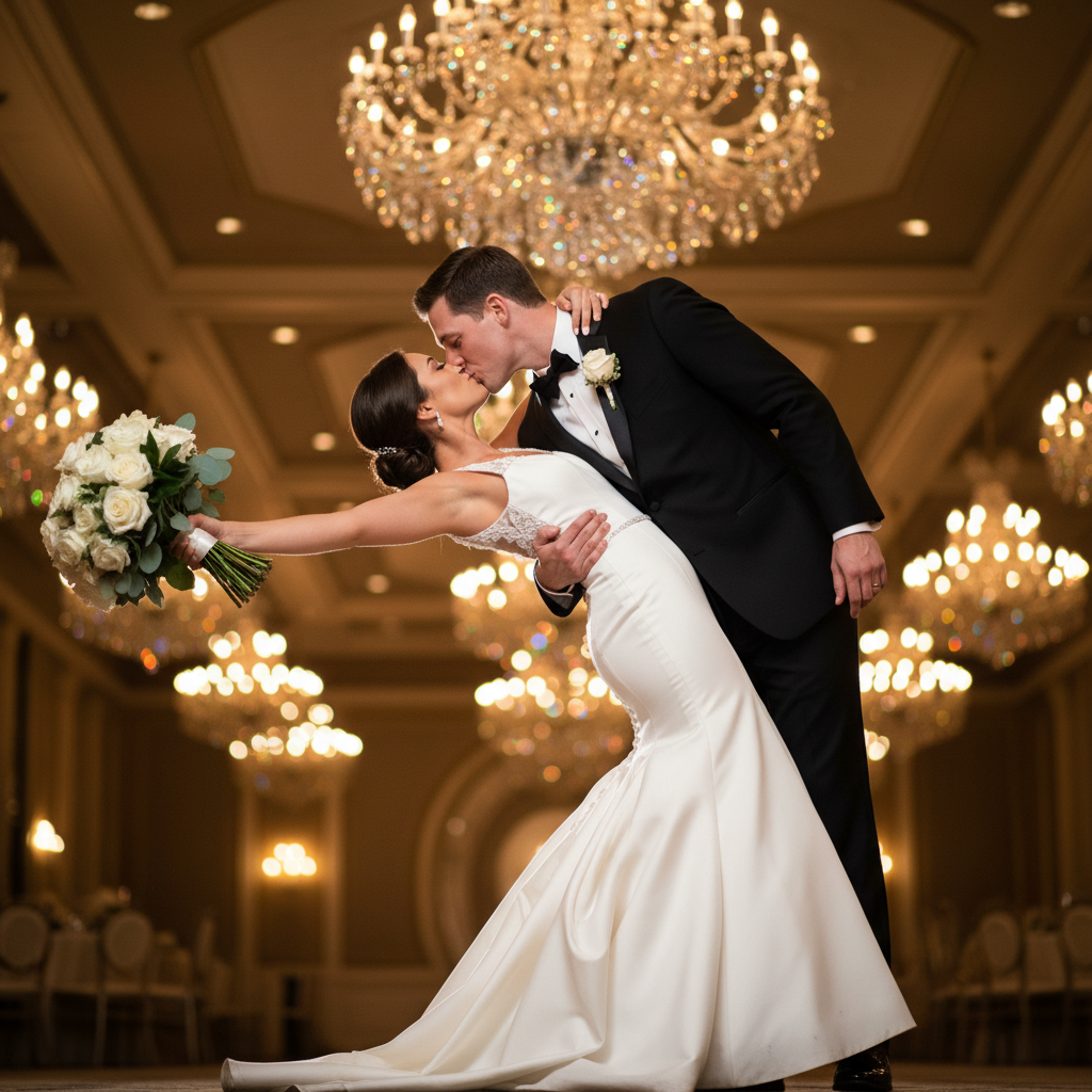 The Romantic Dip - Groom dips bride backward with one arm supporting her lower back, other hand holding hers. Bride arches back gracefully with free arm extended. Both share a kiss at the lowest point of the dip.