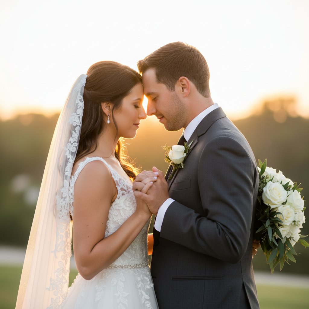 Foreheads Together - Couple stands chest to chest, foreheads gently touching, eyes closed. Bride holds bouquet behind groom's back. Both hands intertwined at their sides. Intimate and peaceful.