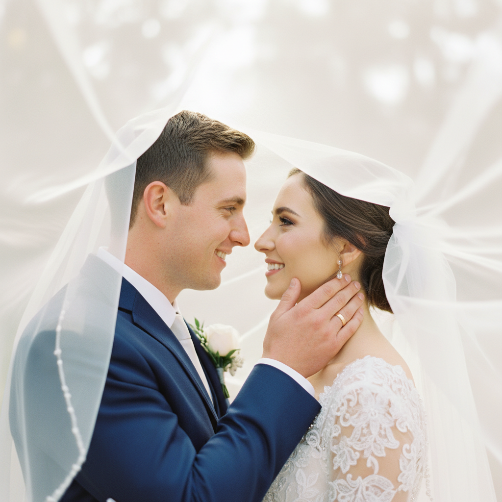 Under the Veil - Bride's cathedral veil is draped over both the couple's heads, creating a private cocoon. They look at each other and smile. Groom gently holds her chin. Shot through the sheer veil fabric.