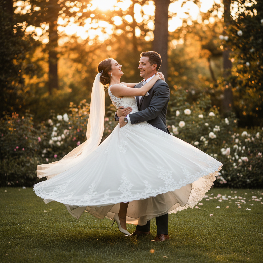 The Joyful Spin - Groom lifts bride off the ground by the waist and spins. Bride's legs bent at knees, head thrown back laughing, arms around his neck. Dress and veil flowing with motion.