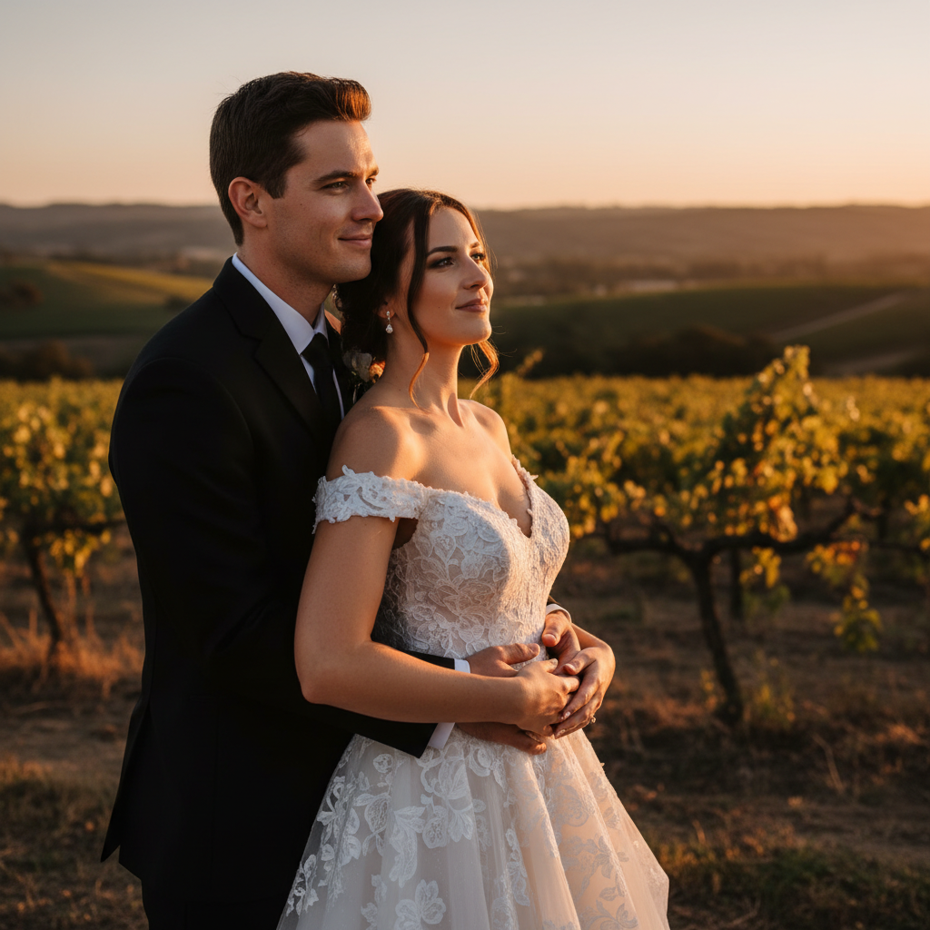 The Embrace from Behind - Groom stands behind bride, wrapping both arms around her waist. Bride places her hands over his and leans her head back against his shoulder. Both look toward the same direction with soft smiles.
