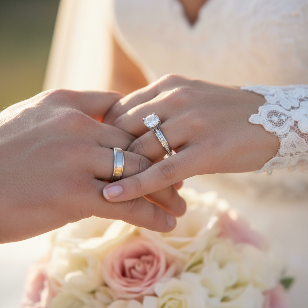 Showing the Rings - Bride and groom hold hands with fingers interlocked, showing their wedding rings to camera. Tight close-up on the hands only. Bouquet softly blurred in the background below.