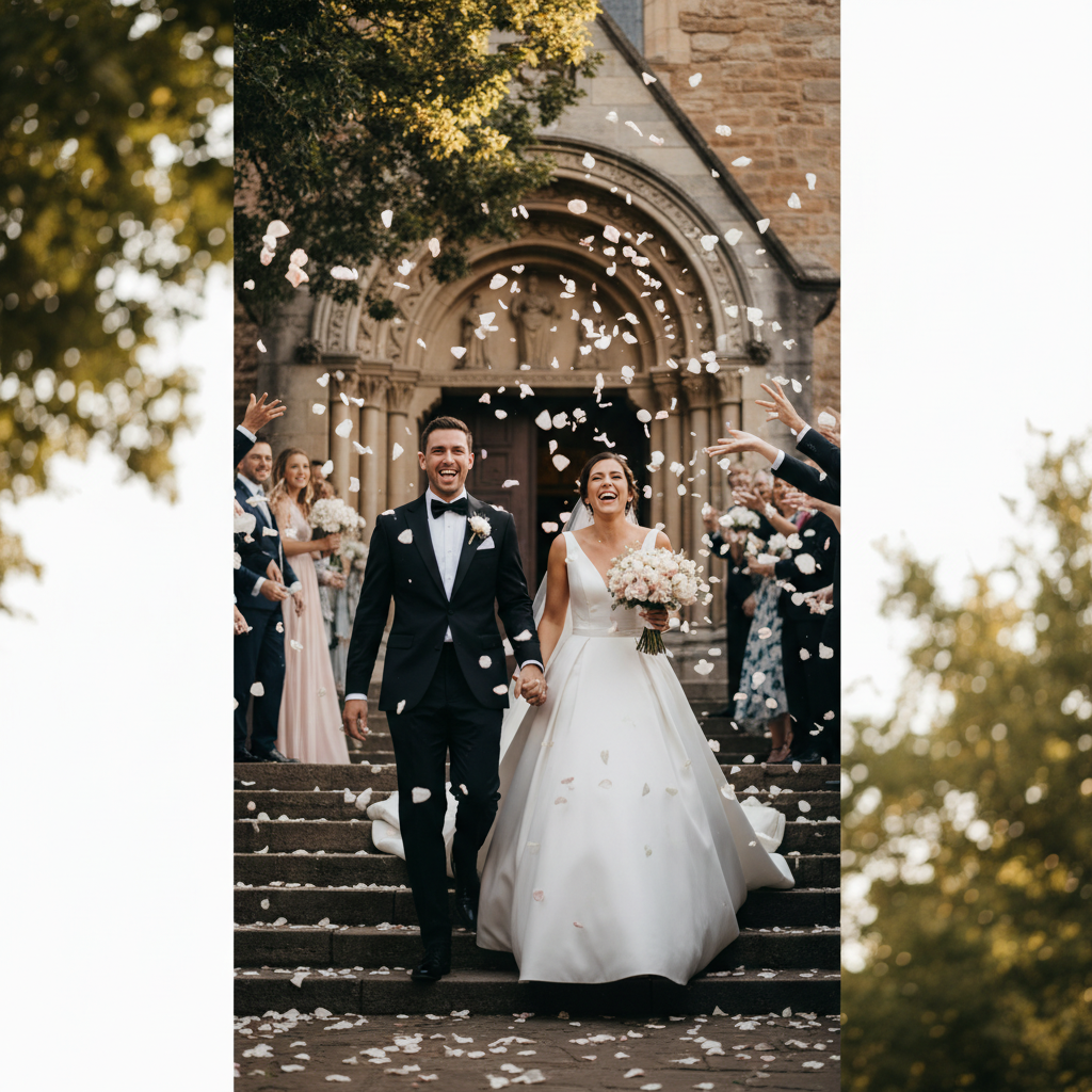 The Grand Exit - Couple walks quickly down the aisle or steps as guests throw rose petals or confetti from both sides. Groom holds bride's hand leading her, both laughing with mouths open. Petals mid-air.