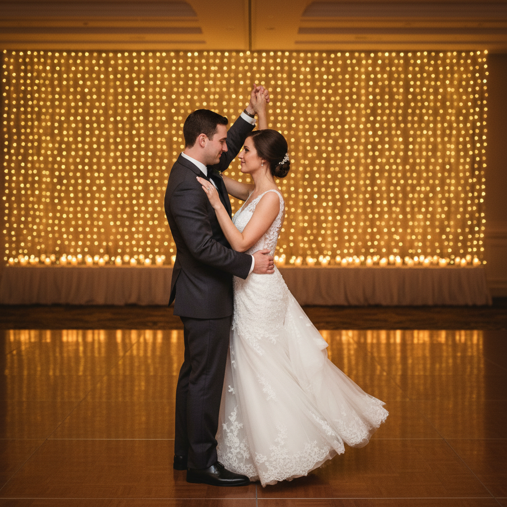 The First Dance - Classic first dance pose. Groom's right hand on bride's waist, left hand holding hers extended. Bride's free hand on his shoulder. They gaze into each other's eyes. Slight sway motion.