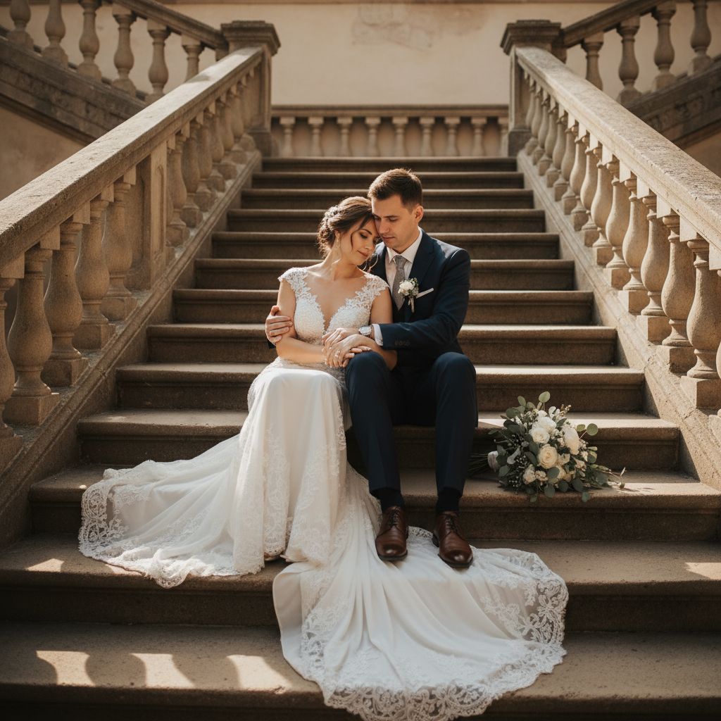 Seated on the Steps - Couple sits side by side on grand stone or wooden steps. Bride leans into groom's shoulder, dress cascading down the steps. Groom's arm around her. Bouquet placed naturally on steps beside them.