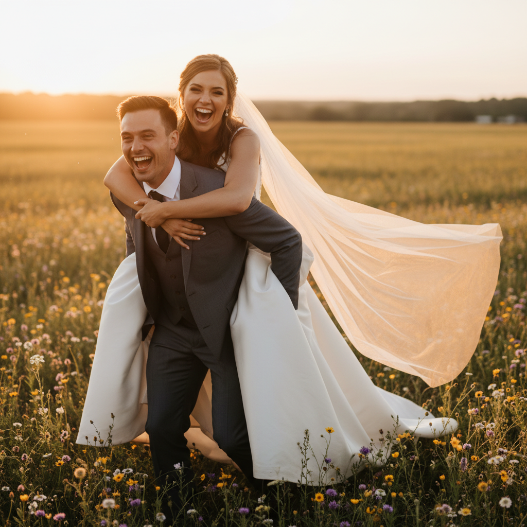The Piggyback - Bride hops on groom's back for a piggyback ride. Both laughing hard. Bride's veil and dress flowing. Groom holds her legs securely. Shot from the side or slightly behind.