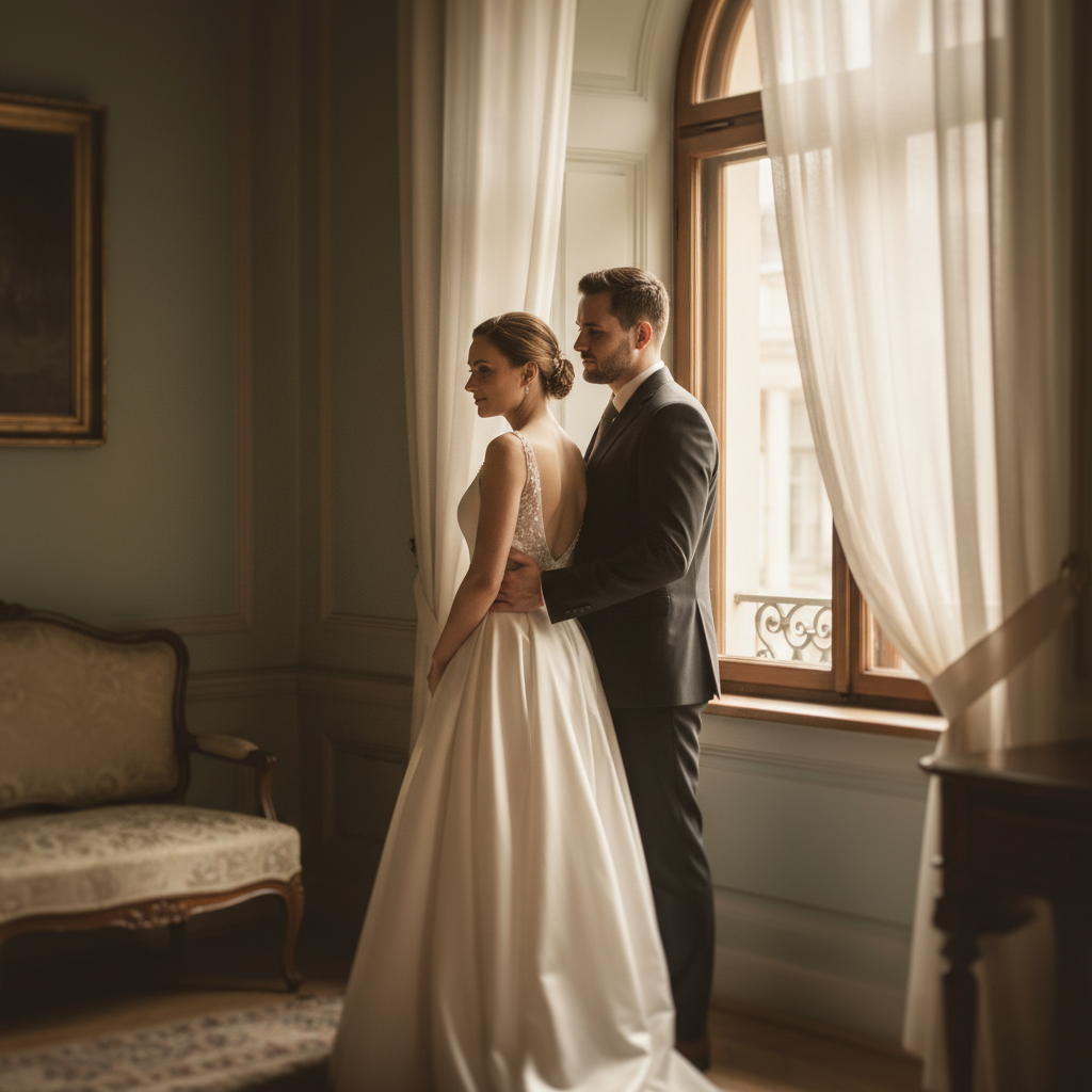 Window Light Portrait - Bride stands facing a large window. Groom stands behind her, looking over her shoulder toward the window light. Soft directional light illuminates both faces. Profile-to-three-quarter angle.
