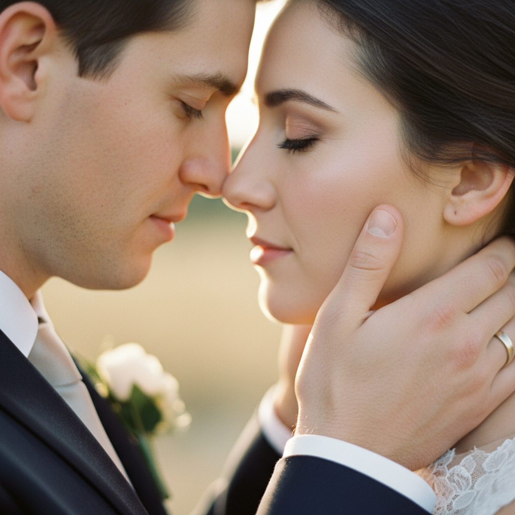 Nose to Nose - Couple brings their noses together, almost touching, eyes closed. A moment right before a kiss. Groom cups bride's face with one hand. Extreme close-up framing from nose to forehead.