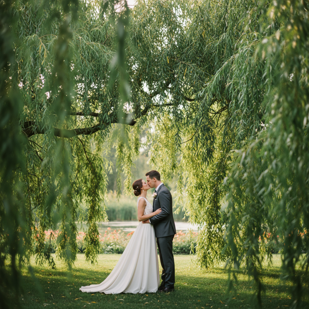 Framed by Nature - Couple kisses while framed by overhanging tree branches or a natural archway of foliage. They stand at center with branches creating a natural frame around them. Full-body shot.