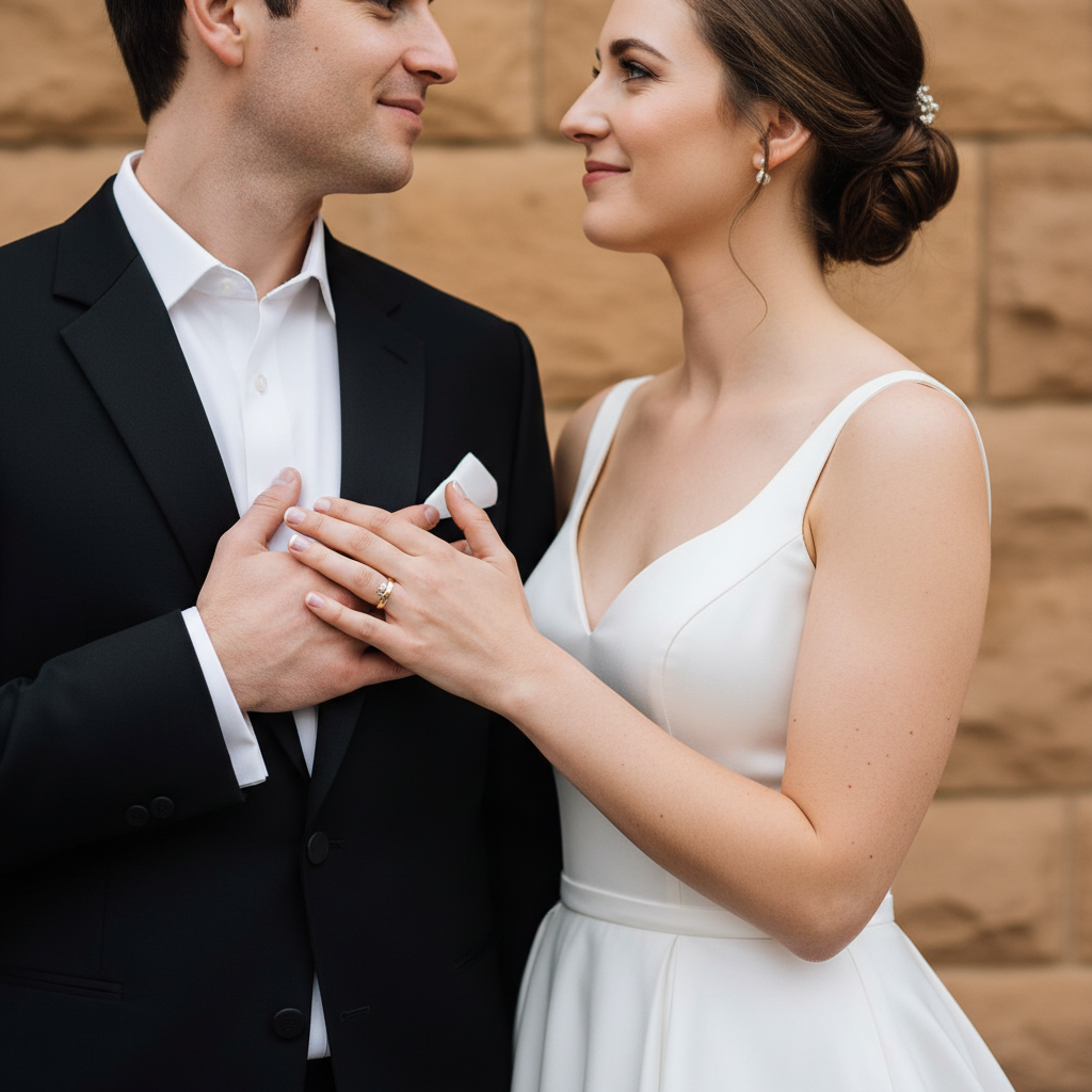 Hand on Heart - Facing camera together, bride places one hand flat on groom's chest over his heart. Groom places his hand over hers. They look at each other. Simple, elegant, symbolic.