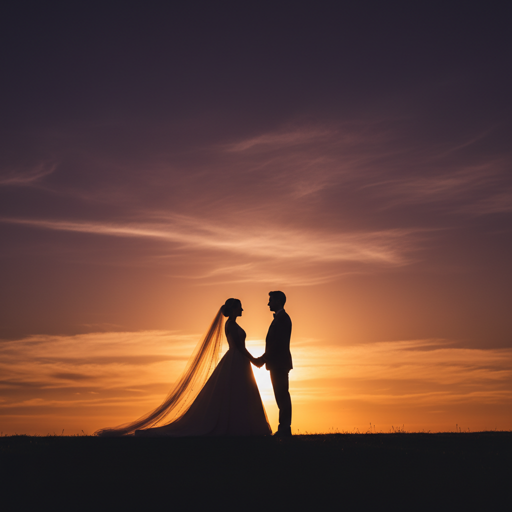 Sunset Silhouette - Couple stands on a hilltop or beach at sunset, facing each other in perfect profile. Sky is vivid orange and purple. They are silhouetted -- dark outlines with dramatic sky behind. Holding both hands.