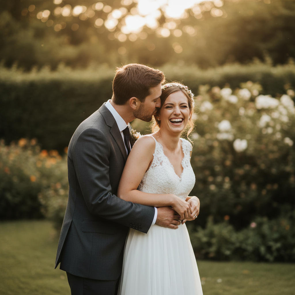 The Secret Whisper - Groom leans close and whispers in bride's ear. Bride laughs or smiles big with eyes crinkled. His lips near her ear, one arm around her waist. Authentic candid reaction.