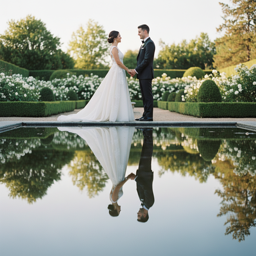 Reflection Pool - Couple stands near a reflecting pool, lake, or puddle after rain. Their full reflection is visible in the water below. They hold hands looking at each other. Shoot from a low angle to include the reflection.