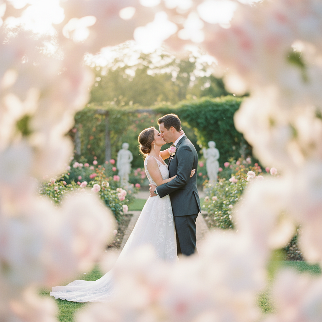 Through the Bouquet - Hold the bouquet close to the lens in the foreground, out of focus. Couple kisses in the background, sharply in focus, framed by the blurry flowers. Creative foreground bokeh technique.